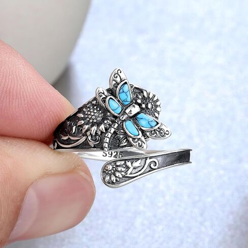 Vintage Silver Turquoise Rings for Women Adjustable Dragonfly Spoon Ring Victorian Style Boho Antique Thumb Ring Statement Anniversary Birthday Jewelry Gifts for Women Wife Mom Her in Saudi Arabia