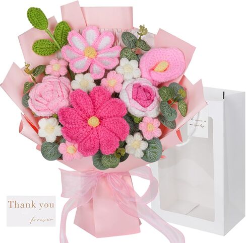 RICHMYC Crochet Flower Bouquet, Valentines Day Gifts for Her Mom 8.6in Pink Crochet Bouquet Knitted Flowers Roses Tulip Flower for Lover Anniversary Birthday Party Mother's Day Graduation in Saudi Arabia