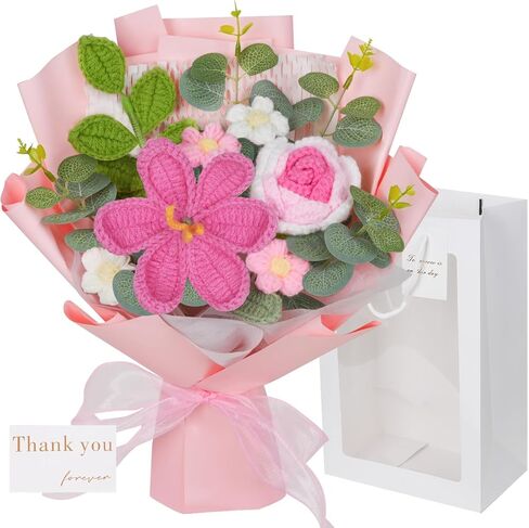 RICHMYC Crochet Flower Bouquet, Valentines Day Gifts for Her Mom 8.6in Pink Crochet Bouquet Knitted Flowers Roses Tulip Flower for Lover Anniversary Birthday Party Mother's Day Graduation in Saudi Arabia