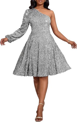 VERWIN Women's Sequins One Shoulder Long Sleeve Skater Dress - Sleeveless Midi Sparkly Casual Party Cocktail in Saudi Arabia