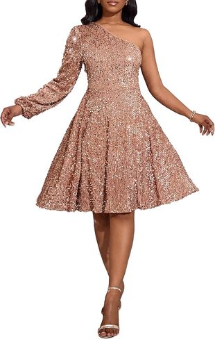 VERWIN Women's Sequins One Shoulder Long Sleeve Skater Dress - Sleeveless Midi Sparkly Casual Party Cocktail in Saudi Arabia