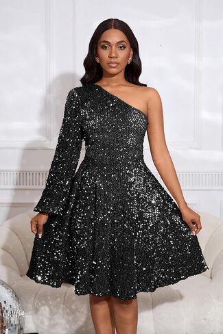 VERWIN Women's Sequins One Shoulder Long Sleeve Skater Dress - Sleeveless Midi Sparkly Casual Party Cocktail in Saudi Arabia