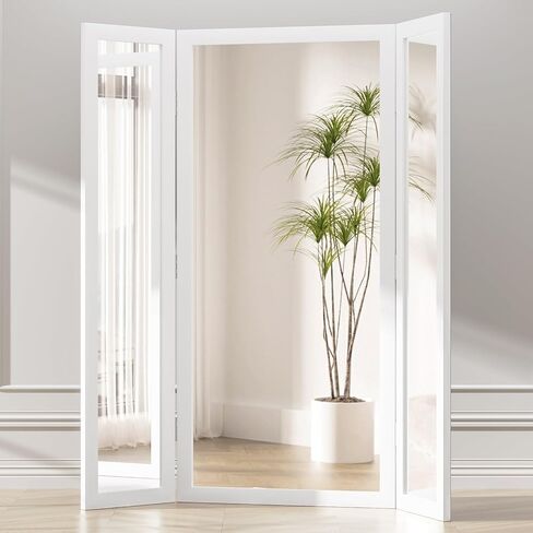 3 Way Mirror Full Length with Tempered Glass 71"x67", 3 Panel Oversized Trifold Floor Mirror with Wood Frame, Decorative Folding Mirror for Home,Wedding Dress/Clothing Shop/Bedroom/Closet (White) in Saudi Arabia