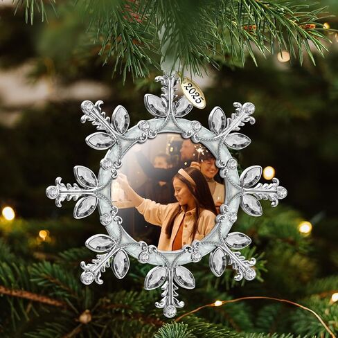 Mulumu 2025 Christmas Tree Ornament Snowflake Picture Frame Metal Hanging Pendant Holiday 2" Photo Frame Charm Decorative of Pets, Baby First Christmas, Family (White，2025) in Saudi Arabia