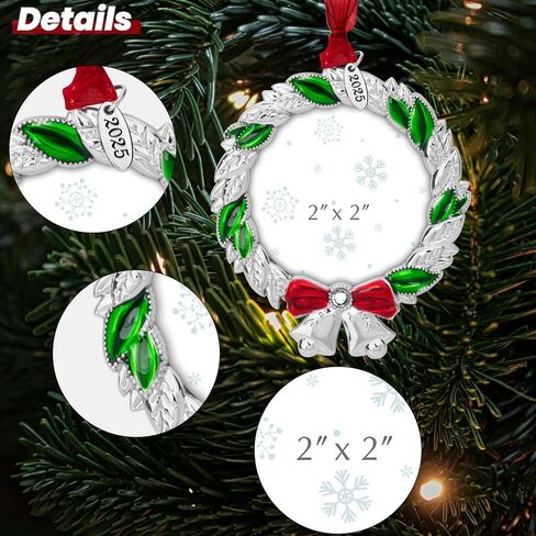 FIHOO 2025 Christmas Ornaments 2 inch Picture Frame Metal Hanging Pendant for Tree Small Decorative Keepsake, Display Photo for Baby and Pet (Wreath (2025)) in Saudi Arabia