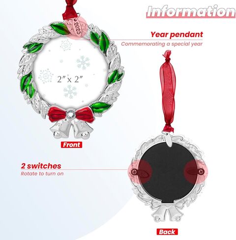 FIHOO 2025 Christmas Ornaments 2 inch Picture Frame Metal Hanging Pendant for Tree Small Decorative Keepsake, Display Photo for Baby and Pet (Wreath (2025)) in Saudi Arabia