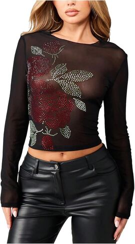 MakeMeChic Women's Mesh Sheer T Shirt Floral Rhinestone Long Sleeve Sparkly Fitted Tops Y2K in Saudi Arabia
