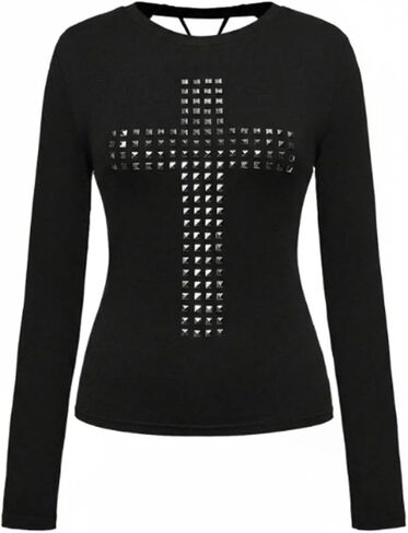 WDIRARA Women's Gothic Cross Rivet T Shirts Long Sleeve Cut Out Back Tees Grunge Punk Tops in Saudi Arabia
