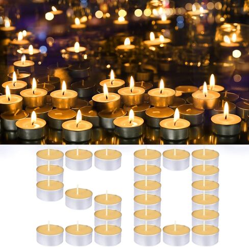 Natural Organic Beeswax Tea Candles in Metal Aluminum Cup - Small Candle Bulk Natural Scent Smokeless 4-5 Hours Long Burning - Yellow, Pack of 50 in Saudi Arabia
