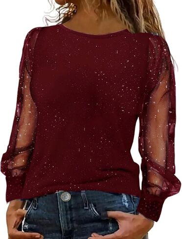 Godalithic Sequin Tops for Women Casual Long Sleeve Sparkly Crew Neck Shirts Holiday Party Sparkle Shimmer Glitter Outfits in Saudi Arabia