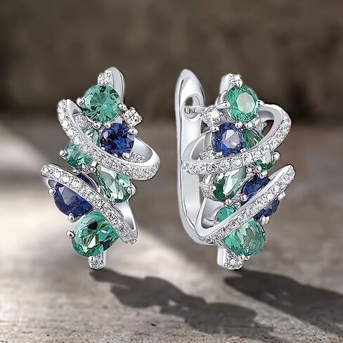 White Gold Plated Blue and Green Cubic Zirconia Floral Hoop Earrings for Women Wedding Bridal Daily Evening Parties Wear Lightweight Jewelry Earring Gift for Her in Saudi Arabia