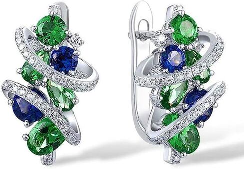 White Gold Plated Blue and Green Cubic Zirconia Floral Hoop Earrings for Women Wedding Bridal Daily Evening Parties Wear Lightweight Jewelry Earring Gift for Her in Saudi Arabia