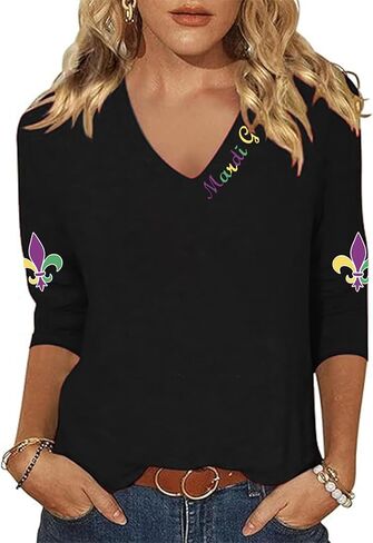 Mardi Gras Shirts for Women 3/4 Sleeve Fat Tuesday Tshirt V Neck New Orleans Carnival Themed Party Outfit in Saudi Arabia