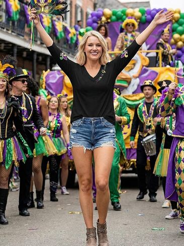 Mardi Gras Shirts for Women 3/4 Sleeve Fat Tuesday Tshirt V Neck New Orleans Carnival Themed Party Outfit in Saudi Arabia