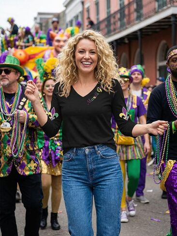 Mardi Gras Shirts for Women 3/4 Sleeve Fat Tuesday Tshirt V Neck New Orleans Carnival Themed Party Outfit in Saudi Arabia