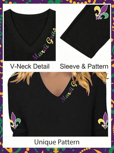 Mardi Gras Shirts for Women 3/4 Sleeve Fat Tuesday Tshirt V Neck New Orleans Carnival Themed Party Outfit in Saudi Arabia