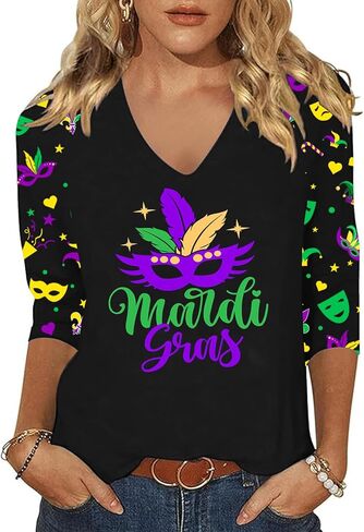 Mardi Gras Shirts for Women 3/4 Sleeve Fat Tuesday Tshirt V Neck New Orleans Carnival Themed Party Outfit in Saudi Arabia