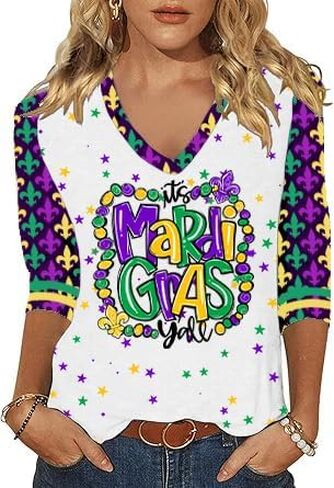 Mardi Gras Shirts for Women 3/4 Sleeve Fat Tuesday Tshirt V Neck New Orleans Carnival Themed Party Outfit in Saudi Arabia