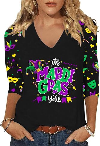 Mardi Gras Shirts for Women 3/4 Sleeve Fat Tuesday Tshirt V Neck New Orleans Carnival Themed Party Outfit in Saudi Arabia