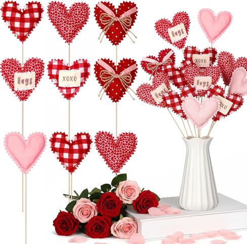 Suncalla 12 Pcs Valentine's Day Heart Picks 13 inch 3D Fabric Heart Picks Decorations for Valentine's Day Vase Holiday Wedding Home Decoration in Saudi Arabia