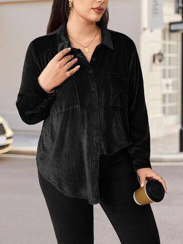 Women's Button Down Velvet Shirt Plus Size Collar Long Sleeve Blouse Oversize Tunic Tops with Pockets M-6XL in Saudi Arabia