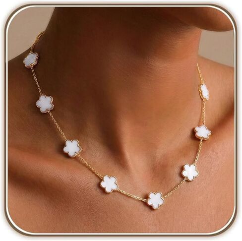 Billet-doux 18k Gold Plated 10-Motif Clovers Necklace for Women, Exquisite 5-leaf Flower Motif Clovers with Classic Beaded Edge on a Link Chain, Adjustable Size, Timeless Jewelry Gifts for Her in Saudi Arabia