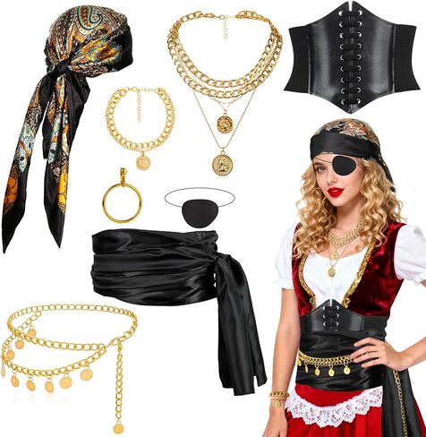 8 Pcs Halloween Pirate Costume Accessories for Women, Bandanas, Sash, Corset, Waist Chain, Necklace, Bracelet, Eye Patch, Medieval Pirate Accessories Women for Cosplay, Party, Renaissance (Black) in Kuwait
