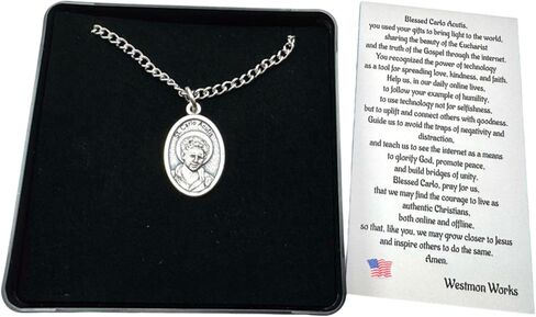 Westmon Works Carlo Acutis Medal Set New Teenage Saint of the Internet Italian Metal Pendant on a Stainless Steel Chain with Holy Card in Saudi Arabia