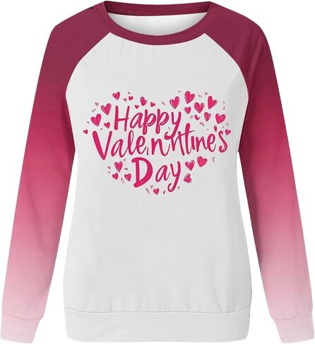 SCRRMZO Women's Valentine's Day Sweatshirt Raglan Sleeve Pink Heart Graphic Casual Pullover Tops in Saudi Arabia
