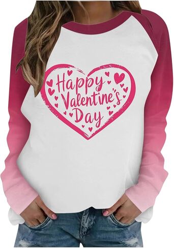 SCRRMZO Women's Valentine's Day Sweatshirt Raglan Sleeve Pink Heart Graphic Casual Pullover Tops in Saudi Arabia