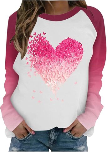 SCRRMZO Women's Valentine's Day Sweatshirt Raglan Sleeve Pink Heart Graphic Casual Pullover Tops in Saudi Arabia