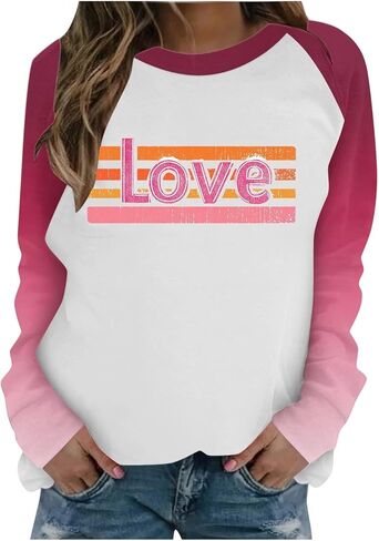 SCRRMZO Women's Valentine's Day Sweatshirt Raglan Sleeve Pink Heart Graphic Casual Pullover Tops in Saudi Arabia