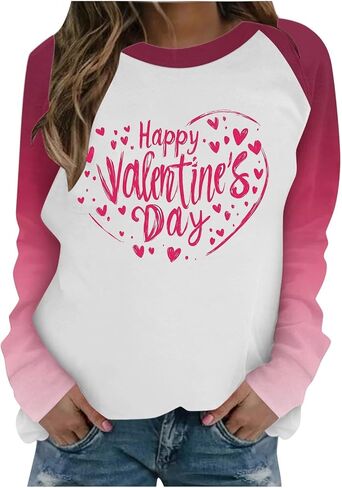 SCRRMZO Women's Valentine's Day Sweatshirt Raglan Sleeve Pink Heart Graphic Casual Pullover Tops in Saudi Arabia