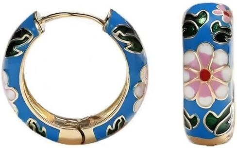 Ladies' vintage cloisonn é enamel earrings with blue, red, and black floral designs, featuring traditional Chinese style, suitable for holiday parties, fashionable outfits, and Mother's Day gifts Christmas gift in Saudi Arabia