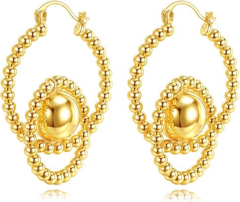 14K Gold Plated Hypoallergenic Copper Intricate Double - Circle Bead - Embellished Drop Earrings, Allergy - Friendly Vintage - Inspired Statement Jewelry for Women, Elegant Daily & Special Occasion Wear Earrings in Saudi Arabia