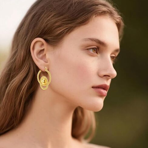 14K Gold Plated Hypoallergenic Copper Intricate Double - Circle Bead - Embellished Drop Earrings, Allergy - Friendly Vintage - Inspired Statement Jewelry for Women, Elegant Daily & Special Occasion Wear Earrings in Saudi Arabia