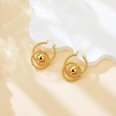14K Gold Plated Hypoallergenic Copper Intricate Double - Circle Bead - Embellished Drop Earrings, Allergy - Friendly Vintage - Inspired Statement Jewelry for Women, Elegant Daily & Special Occasion Wear Earrings in Saudi Arabia