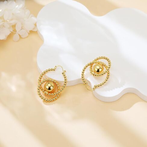 14K Gold Plated Hypoallergenic Copper Intricate Double - Circle Bead - Embellished Drop Earrings, Allergy - Friendly Vintage - Inspired Statement Jewelry for Women, Elegant Daily & Special Occasion Wear Earrings in Saudi Arabia