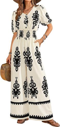 Womens Jumpsuits Short Sleeve V Neck Dressy Casual Wide Leg Pants Romper 2025 Summer One Piece Outfits in Kuwait