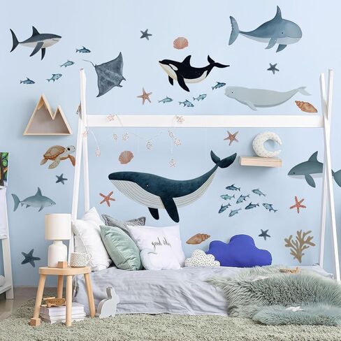 Ocean Wall Decals, Under The Sea Animals Wall Stickers, Waterproof Peel and Stick Removable Ocean, for Baby Nursery Boy Girls Room Bedroom Bathroom Playroom Classroom Decor. (Sea Life Wall Decor) in Saudi Arabia