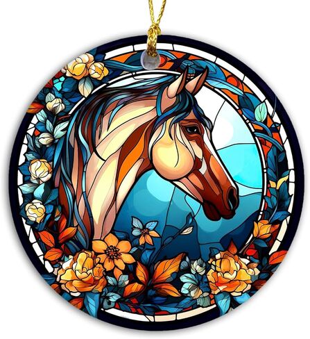 Horse Christmas Ornament 2025 | Horse Stained Glass Ornament, Elegant Ceramic Horse Lover Gift - Girl Love Horse, Farmhouse Rustic Western Home Décor Keepsake (Floral Horse) in Saudi Arabia