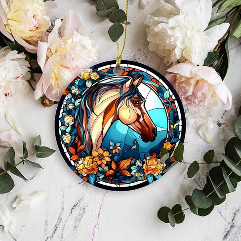 Horse Christmas Ornament 2025 | Horse Stained Glass Ornament, Elegant Ceramic Horse Lover Gift - Girl Love Horse, Farmhouse Rustic Western Home Décor Keepsake (Floral Horse) in Saudi Arabia