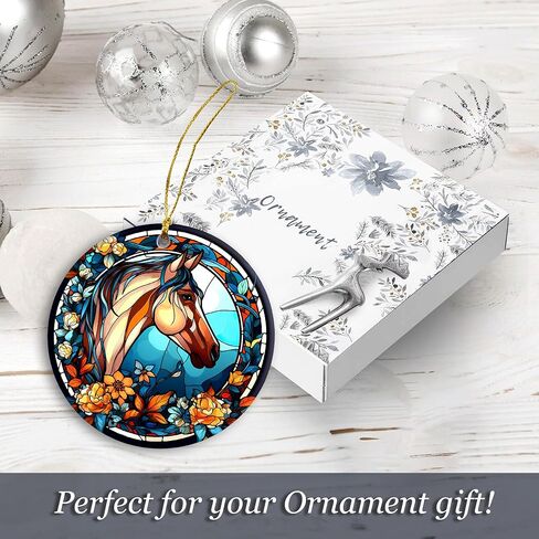 Horse Christmas Ornament 2025 | Horse Stained Glass Ornament, Elegant Ceramic Horse Lover Gift - Girl Love Horse, Farmhouse Rustic Western Home Décor Keepsake (Floral Horse) in Saudi Arabia