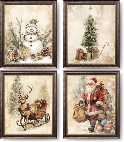 XUXUNLURY Vintage Christmas Wall Art Prints Unframed Set of 4, Neutral Christmas Wall Decor, Nostalgic Santa Reindeer Snowman Xmas Tree Winter Artwork Pictures for Home Living Room Bedroom, 8x10 in Saudi Arabia
