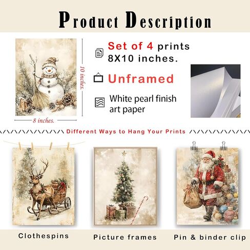 XUXUNLURY Vintage Christmas Wall Art Prints Unframed Set of 4, Neutral Christmas Wall Decor, Nostalgic Santa Reindeer Snowman Xmas Tree Winter Artwork Pictures for Home Living Room Bedroom, 8x10 in Saudi Arabia
