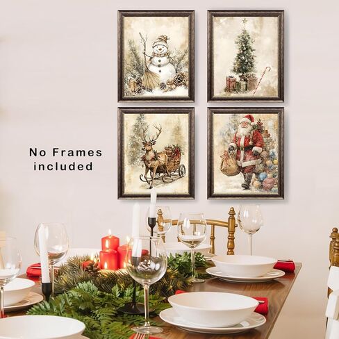 XUXUNLURY Vintage Christmas Wall Art Prints Unframed Set of 4, Neutral Christmas Wall Decor, Nostalgic Santa Reindeer Snowman Xmas Tree Winter Artwork Pictures for Home Living Room Bedroom, 8x10 in Saudi Arabia