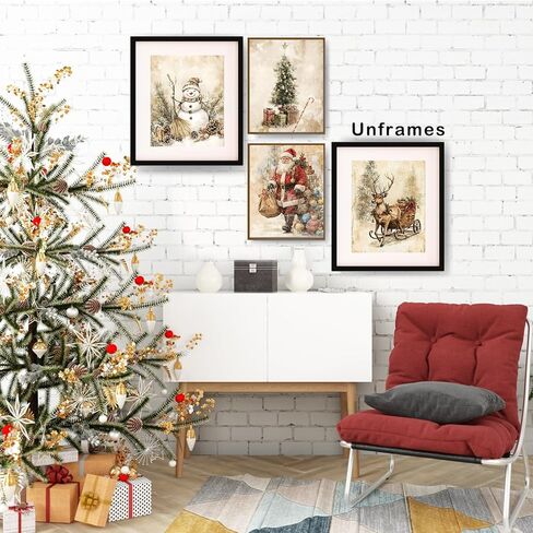 XUXUNLURY Vintage Christmas Wall Art Prints Unframed Set of 4, Neutral Christmas Wall Decor, Nostalgic Santa Reindeer Snowman Xmas Tree Winter Artwork Pictures for Home Living Room Bedroom, 8x10 in Saudi Arabia