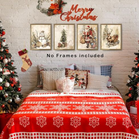 XUXUNLURY Vintage Christmas Wall Art Prints Unframed Set of 4, Neutral Christmas Wall Decor, Nostalgic Santa Reindeer Snowman Xmas Tree Winter Artwork Pictures for Home Living Room Bedroom, 8x10 in Saudi Arabia