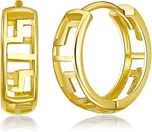 14k Yellow OR White Gold 4mm Thickness Greek Key Huggie Earrings (12 x 12 mm) in Saudi Arabia