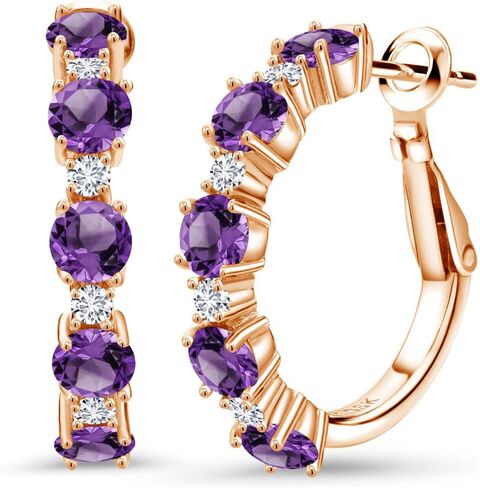 18K Rose Gold Plated Silver Gemstone Birthstone and Lab Grown Diamond Hoop Earrings for Women | Round Cut 4MM and 1.9MM Stones | 1 Inch Diameter Hoops | Fine Jewelry for Her Mom Wife Women in Saudi Arabia